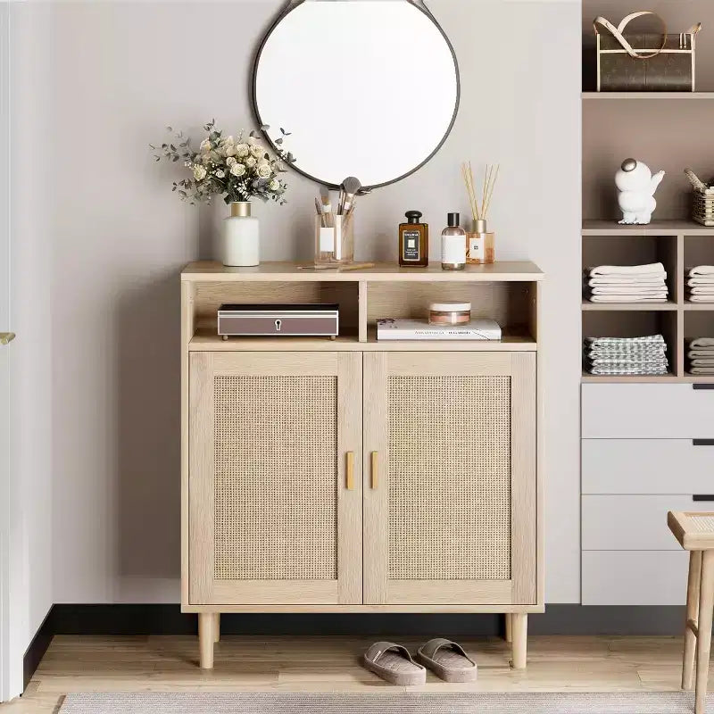 Bahut moderne en rotin - Armoire de rangement à deux portes avec étagères, 91 cm de haut, naturel