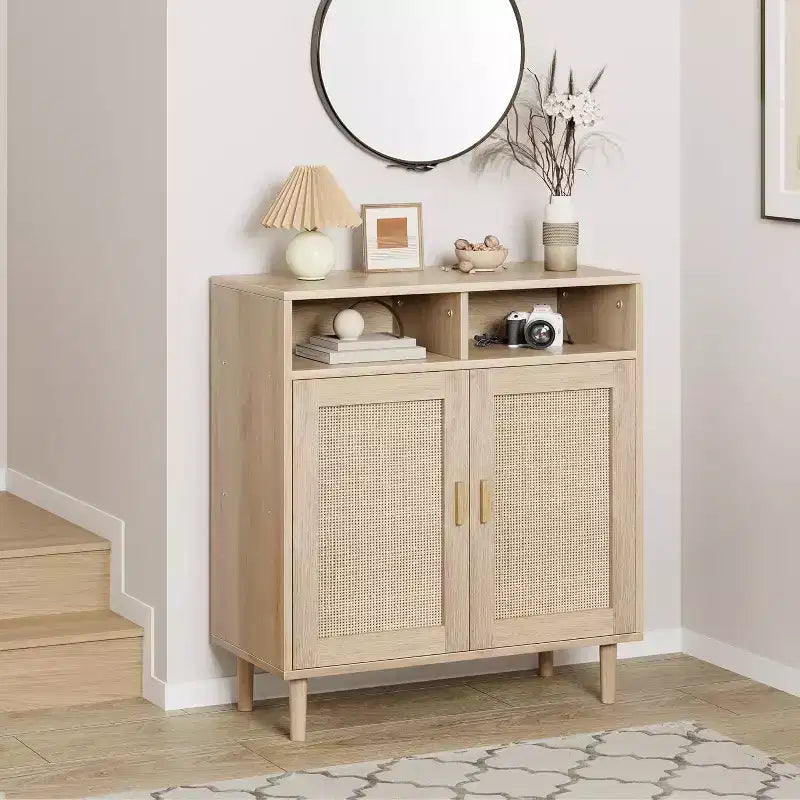 Bahut moderne en rotin - Armoire de rangement à deux portes avec étagères, 91 cm de haut, naturel