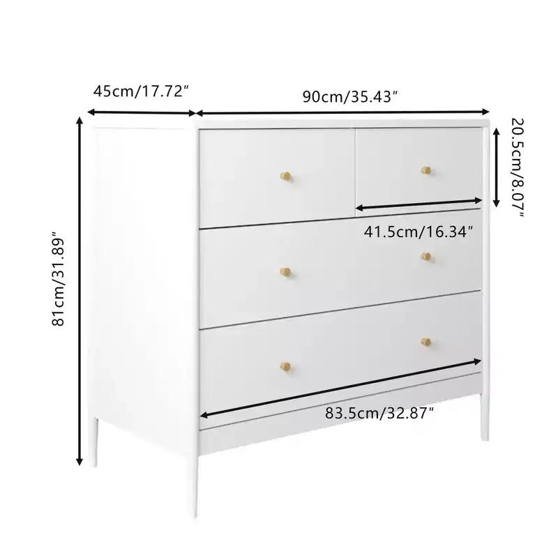 Armoire pour enfants à quatre tiroirs blanche, un meuble de rangement en bois adapté aux chambres d'enfants, aux crèches et aux placards