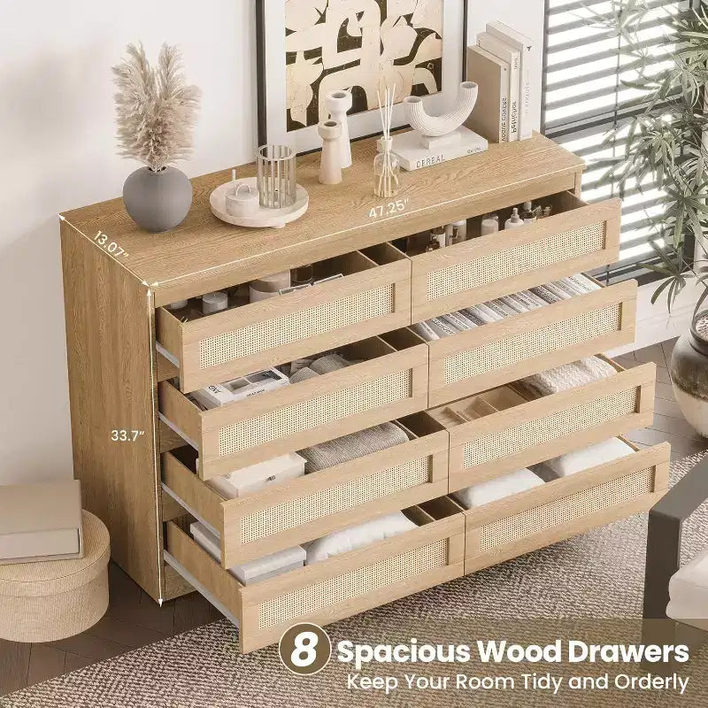 Commode double à 8 tiroirs en rotin – Meuble de rangement en bois pour chambre ou meuble TV