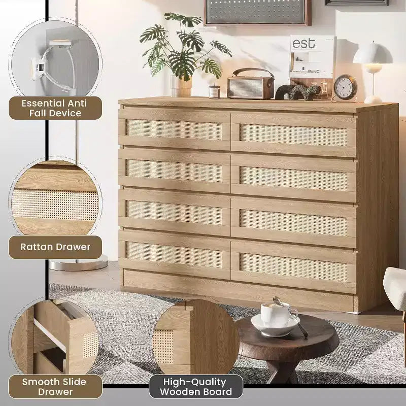 Commode double à 8 tiroirs en rotin – Meuble de rangement en bois pour chambre ou meuble TV
