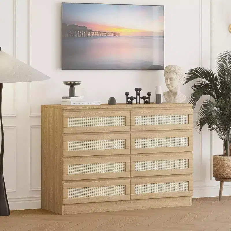 Commode double à 8 tiroirs en rotin – Meuble de rangement en bois pour chambre ou meuble TV