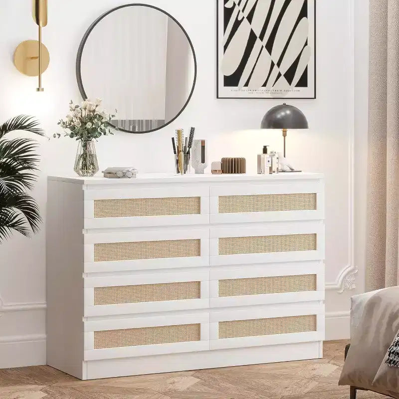 Commode double à 8 tiroirs en rotin – Meuble de rangement en bois pour chambre ou meuble TV