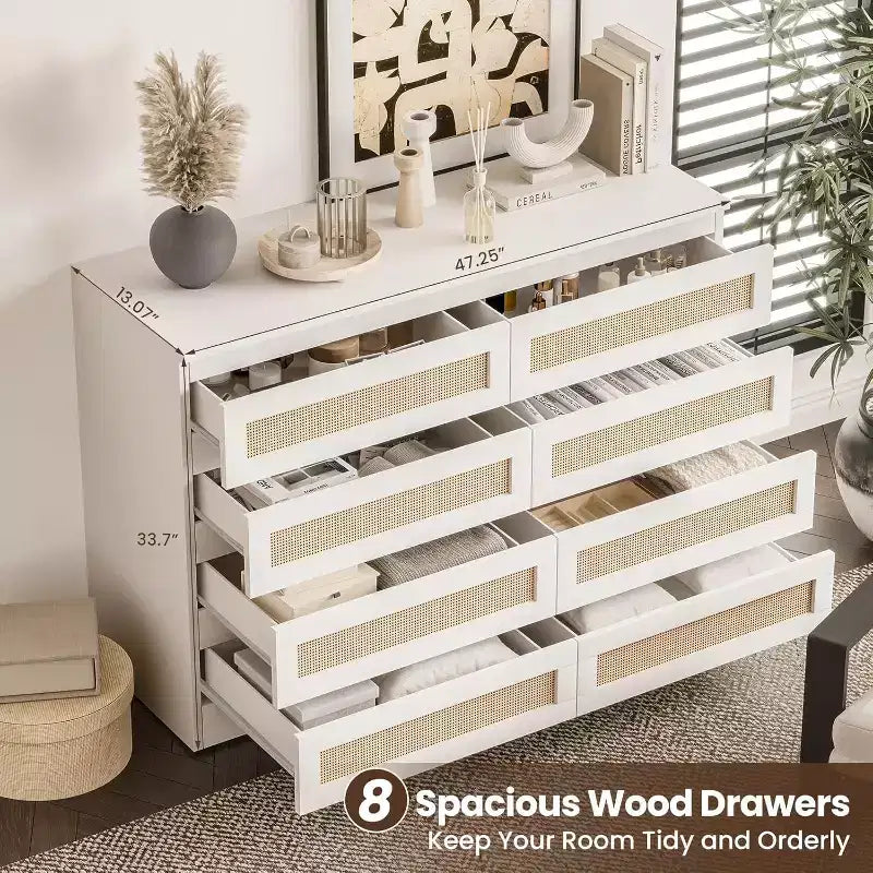 Commode double à 8 tiroirs en rotin – Meuble de rangement en bois pour chambre ou meuble TV
