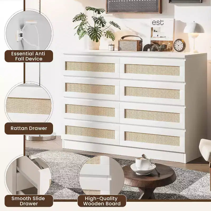 Commode double à 8 tiroirs en rotin – Meuble de rangement en bois pour chambre ou meuble TV