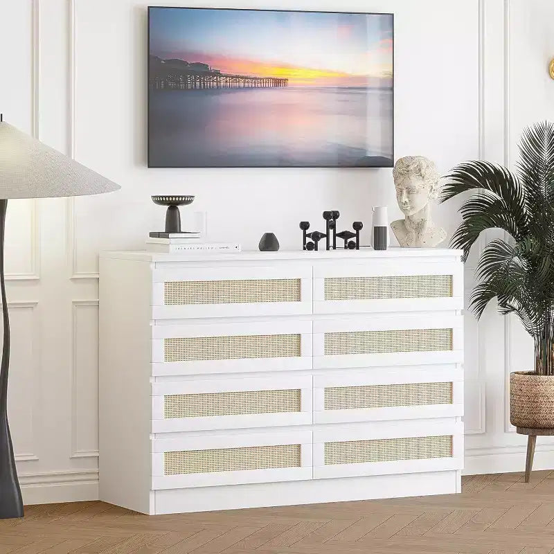 Commode double à 8 tiroirs en rotin – Meuble de rangement en bois pour chambre ou meuble TV