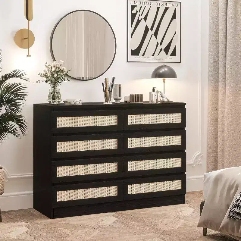 Commode double à 8 tiroirs en rotin – Meuble de rangement en bois pour chambre ou meuble TV