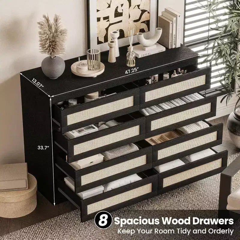 Commode double à 8 tiroirs en rotin – Meuble de rangement en bois pour chambre ou meuble TV
