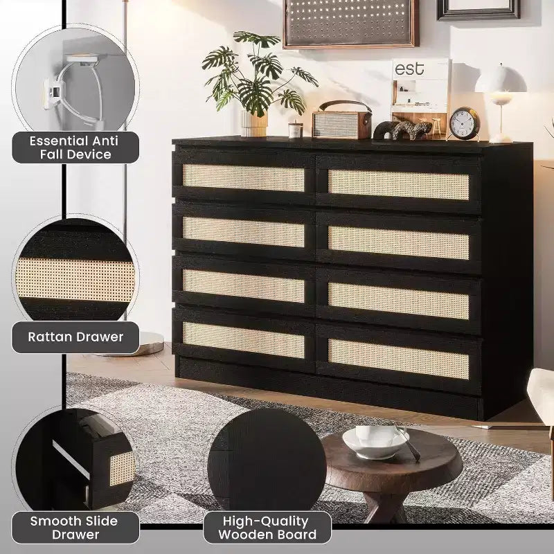 Commode double à 8 tiroirs en rotin – Meuble de rangement en bois pour chambre ou meuble TV