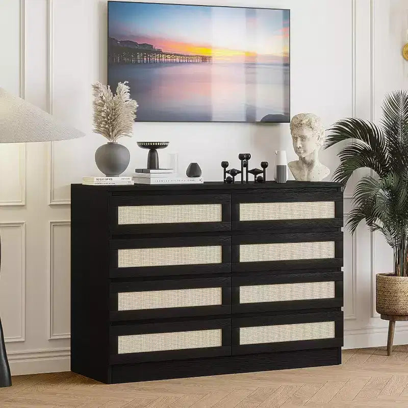 Commode double à 8 tiroirs en rotin – Meuble de rangement en bois pour chambre ou meuble TV