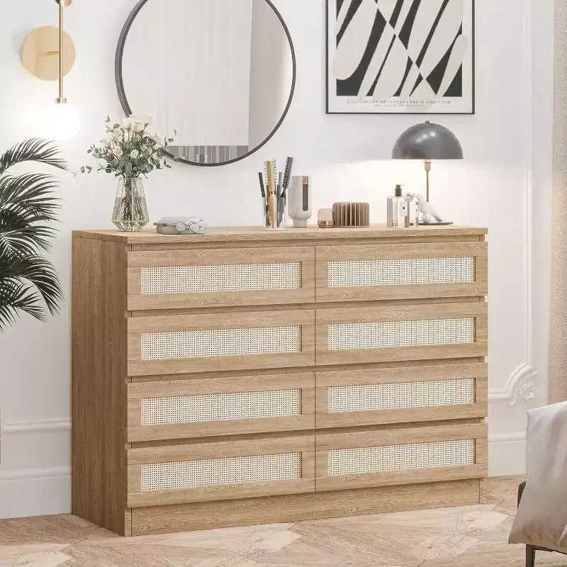 Commode double à 8 tiroirs en rotin – Meuble de rangement en bois pour chambre ou meuble TV