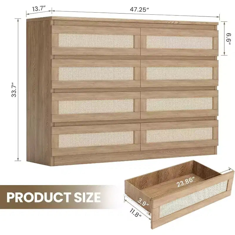 Commode double à 8 tiroirs en rotin – Meuble de rangement en bois pour chambre ou meuble TV