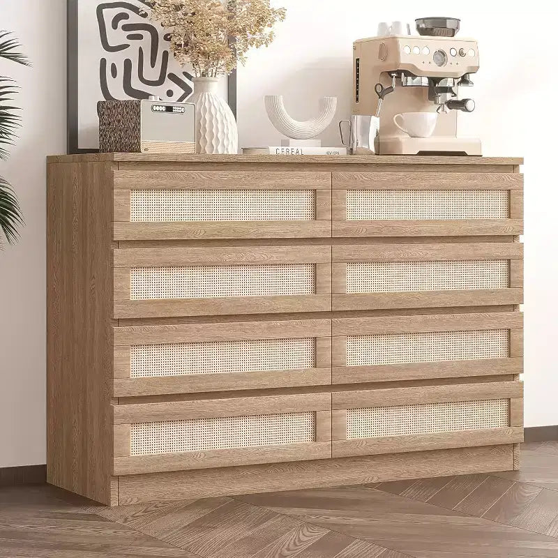 Commode double à 8 tiroirs en rotin – Meuble de rangement en bois pour chambre ou meuble TV