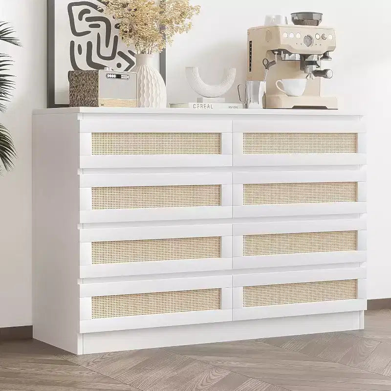 Commode double à 8 tiroirs en rotin – Meuble de rangement en bois pour chambre ou meuble TV