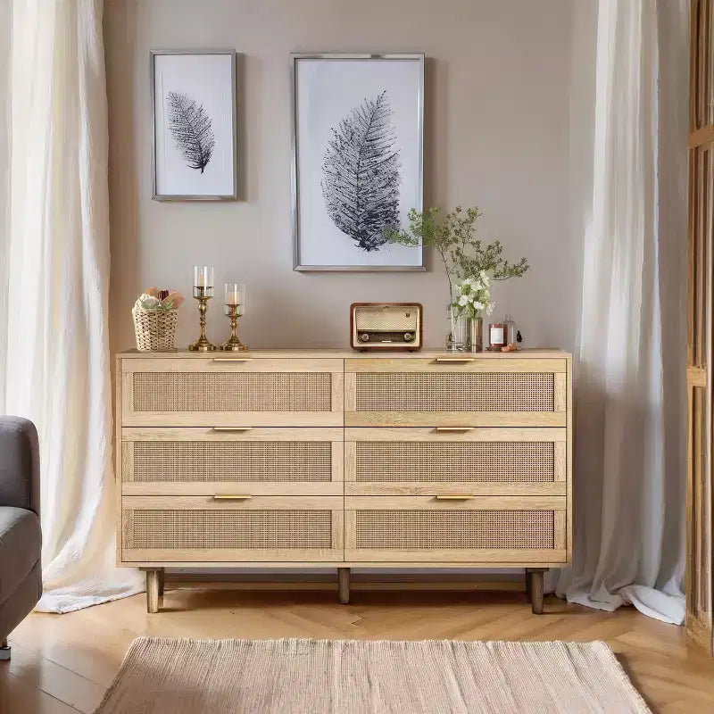 Meuble de rangement 6 tiroirs en rotin 130 cm – Design moderne naturel