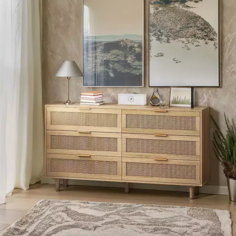 Meuble de rangement 6 tiroirs en rotin 130 cm – Design moderne naturel