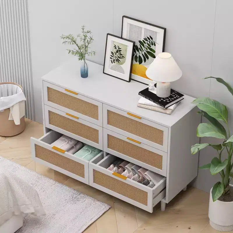 Meuble de rangement 6 tiroirs en rotin 130 cm – Design moderne naturel