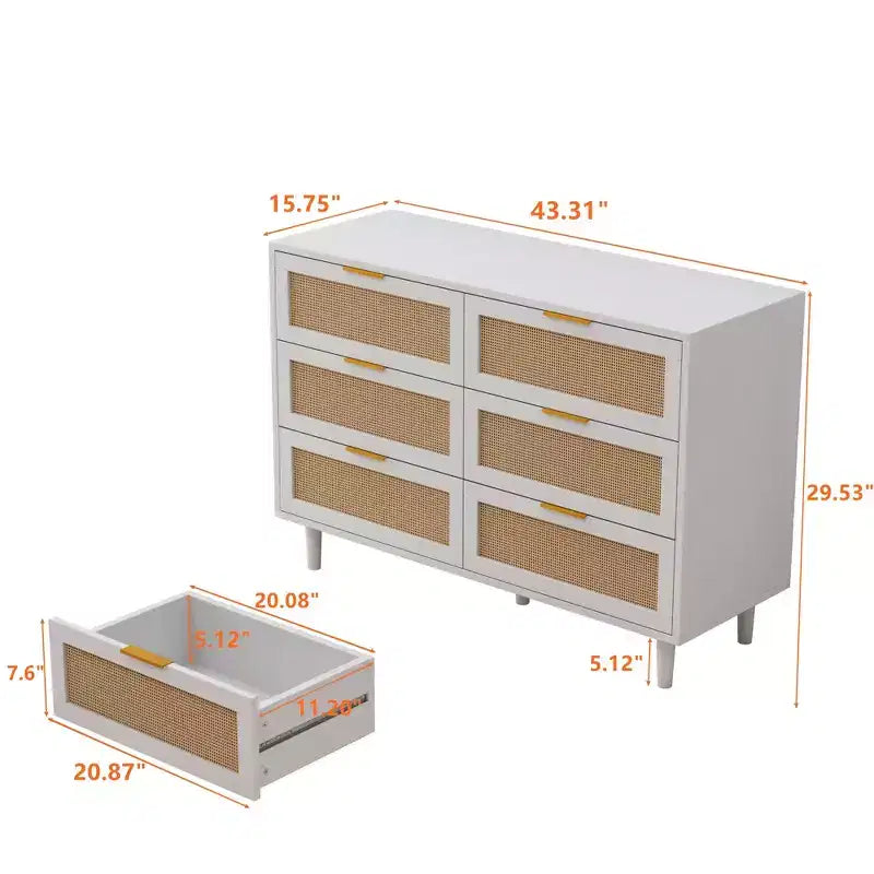 Meuble de rangement 6 tiroirs en rotin 130 cm – Design moderne naturel