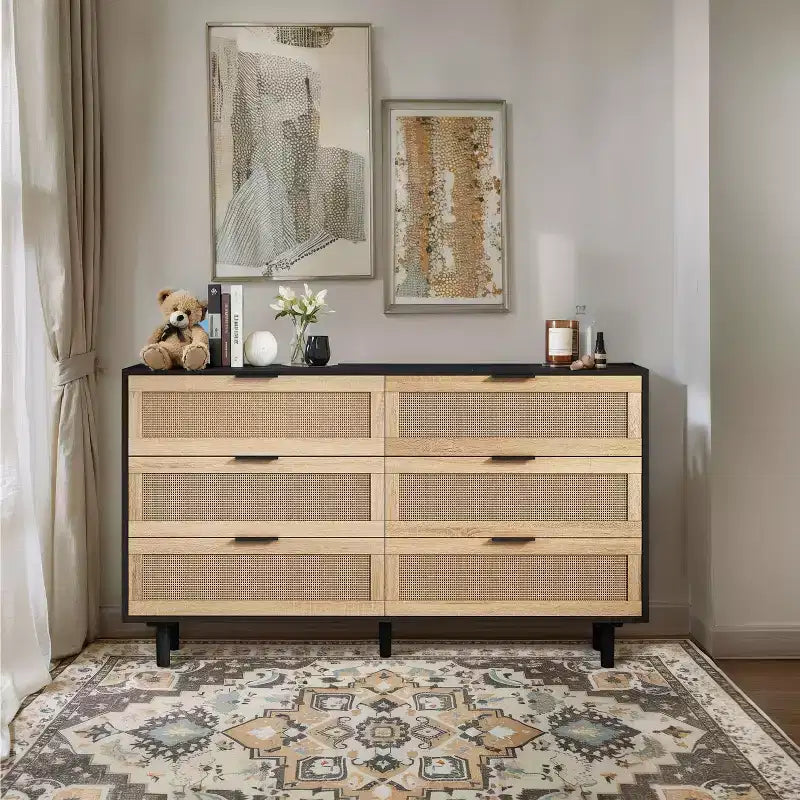 Meuble de rangement 6 tiroirs en rotin 130 cm – Design moderne naturel