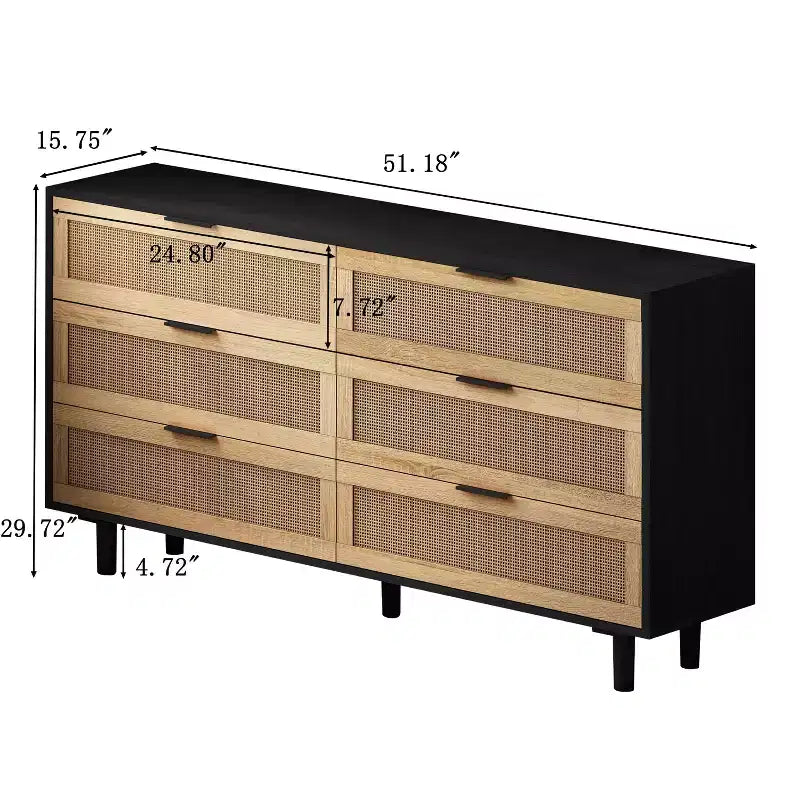 Meuble de rangement 6 tiroirs en rotin 130 cm – Design moderne naturel