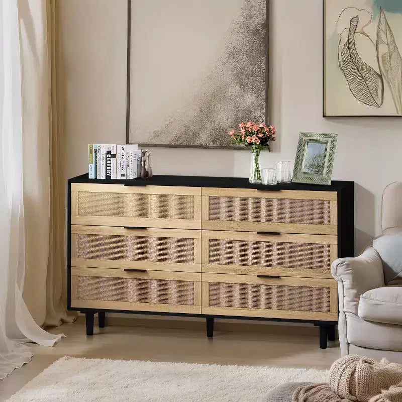 Meuble de rangement 6 tiroirs en rotin 130 cm – Design moderne naturel