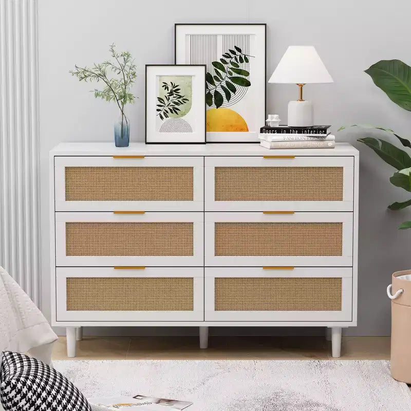 Meuble de rangement 6 tiroirs en rotin 130 cm – Design moderne naturel