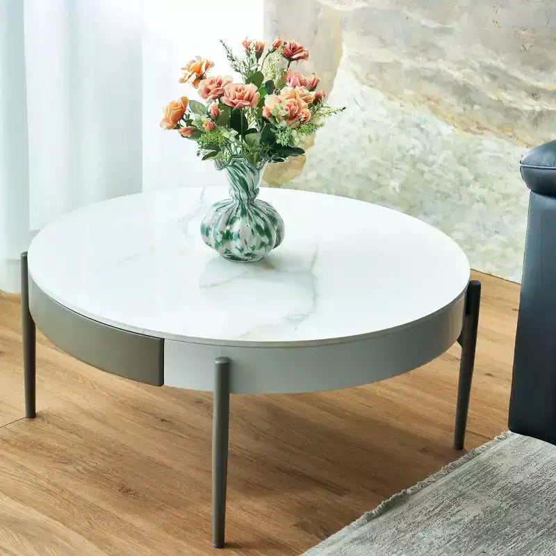 Table basse moderne ronde de 81 cm en céramique avec tiroirs cachés et pieds en métal