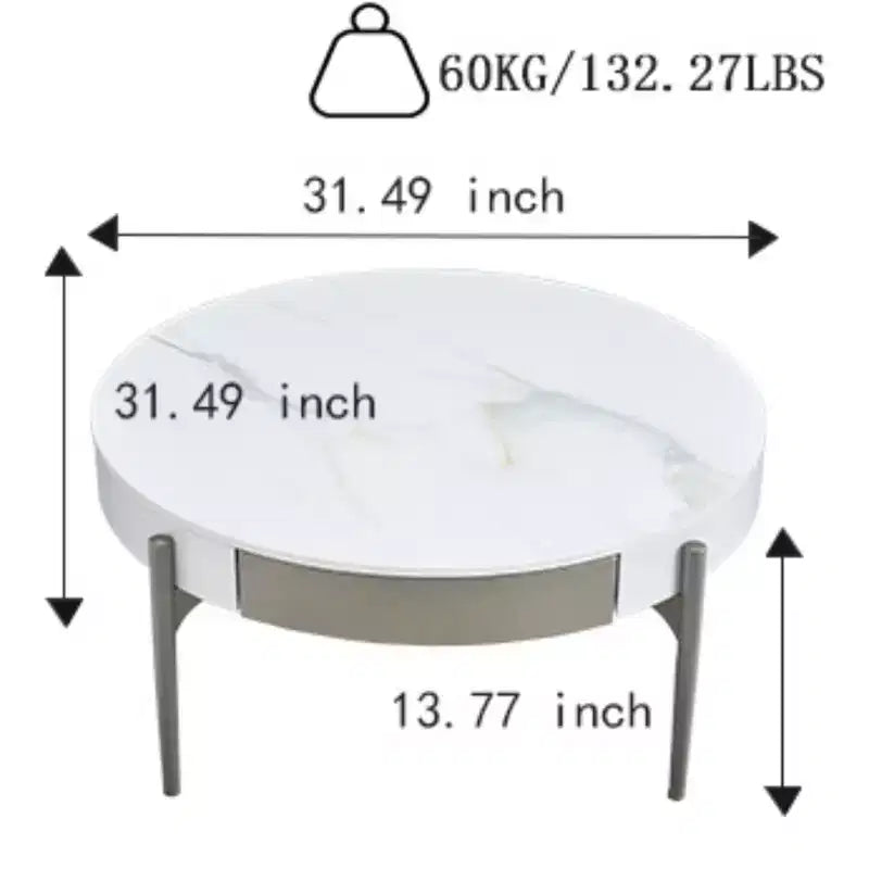 Table basse moderne ronde de 81 cm en céramique avec tiroirs cachés et pieds en métal