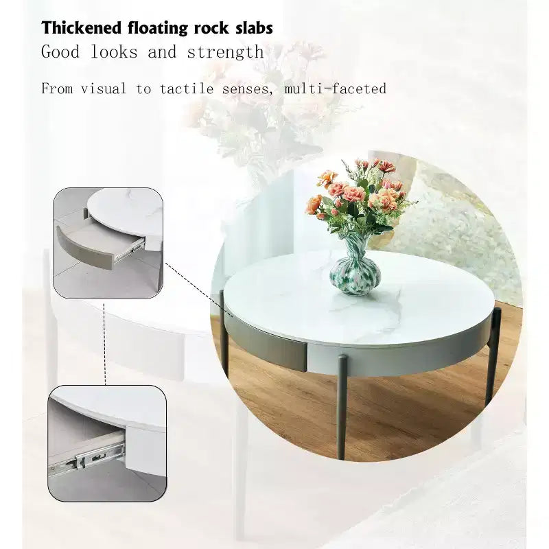 Table basse moderne ronde de 81 cm en céramique avec tiroirs cachés et pieds en métal