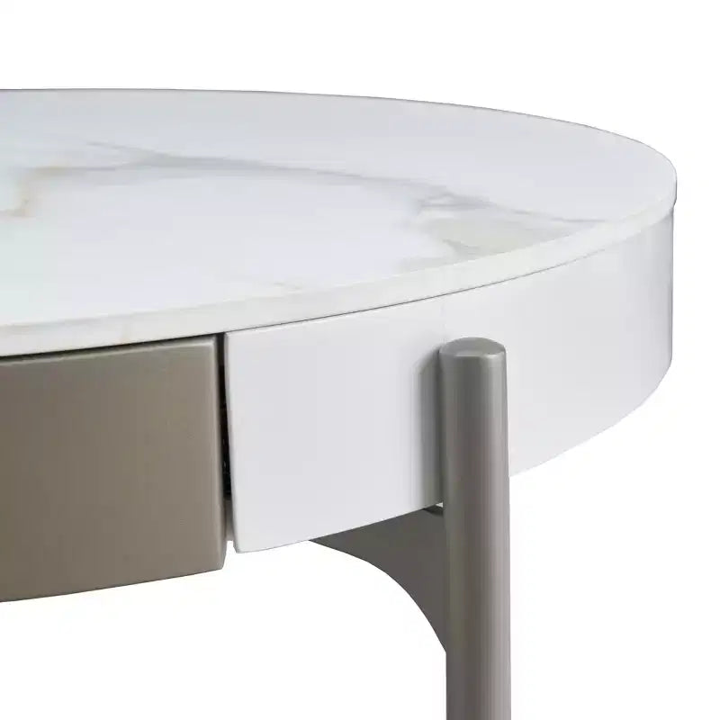 Table basse moderne ronde de 81 cm en céramique avec tiroirs cachés et pieds en métal