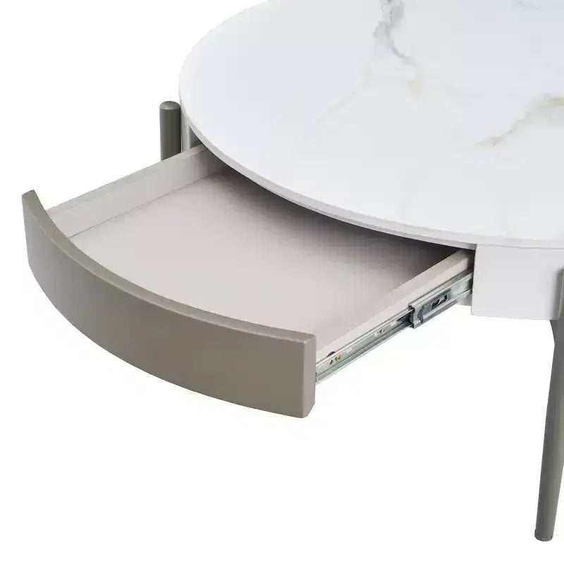 Table basse moderne ronde de 81 cm en céramique avec tiroirs cachés et pieds en métal