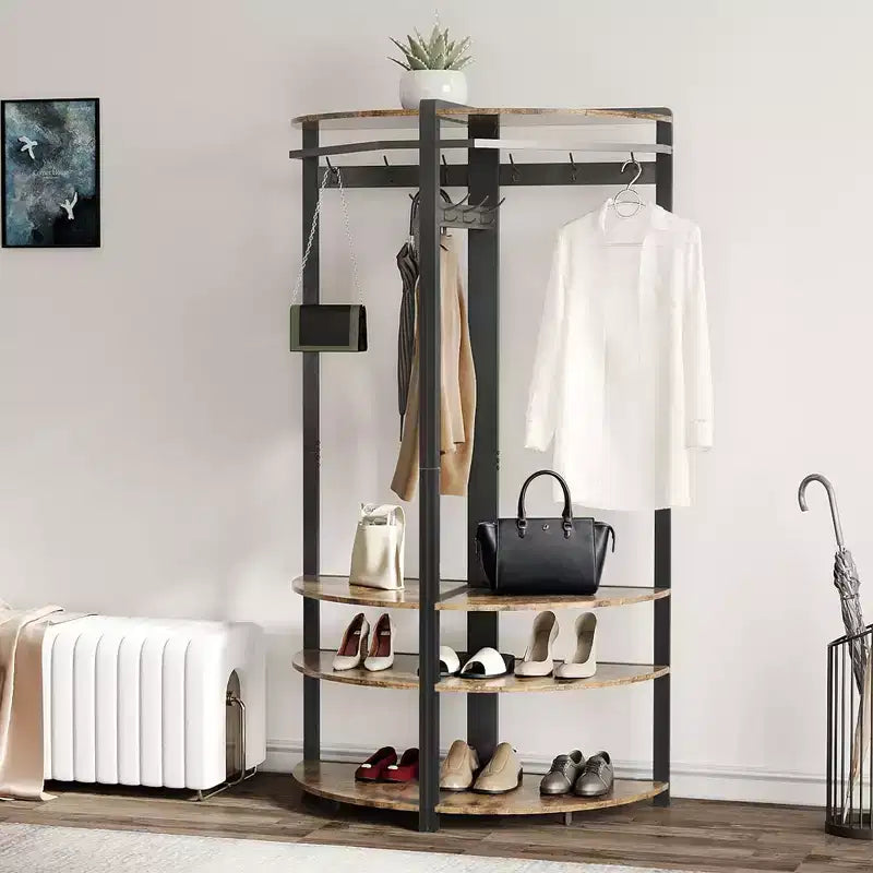 Porte-manteau d'angle avec banc à chaussures pour entrée - Meuble d'entrée avec 6 doubles crochets, porte-vêtements avec rangement, étagère organisatrice pour couloir, placard
