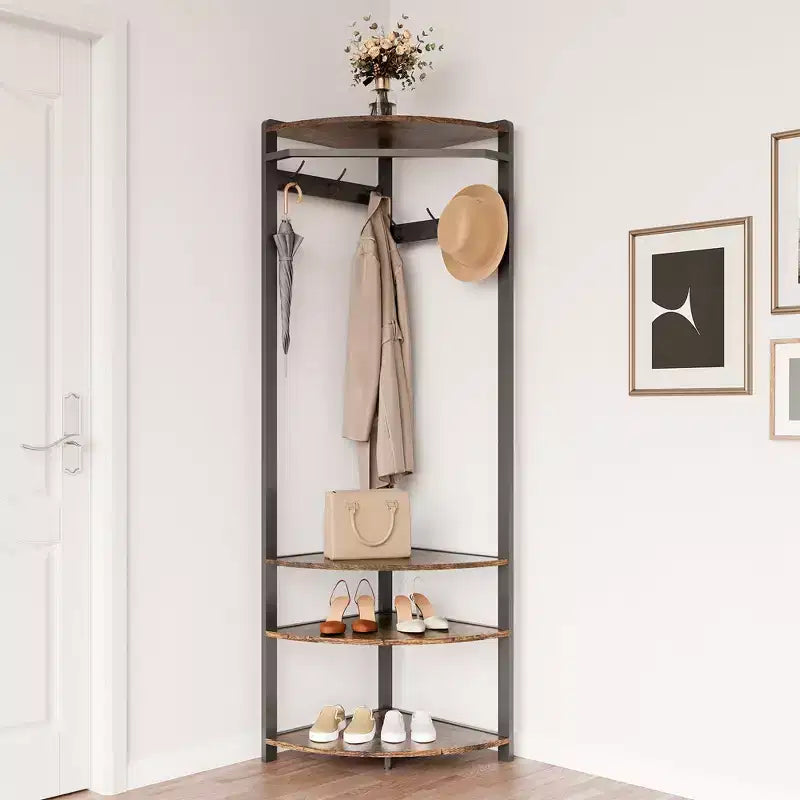 Porte-manteau d'angle avec banc à chaussures pour entrée - Meuble d'entrée avec 6 doubles crochets, porte-vêtements avec rangement, étagère organisatrice pour couloir, placard