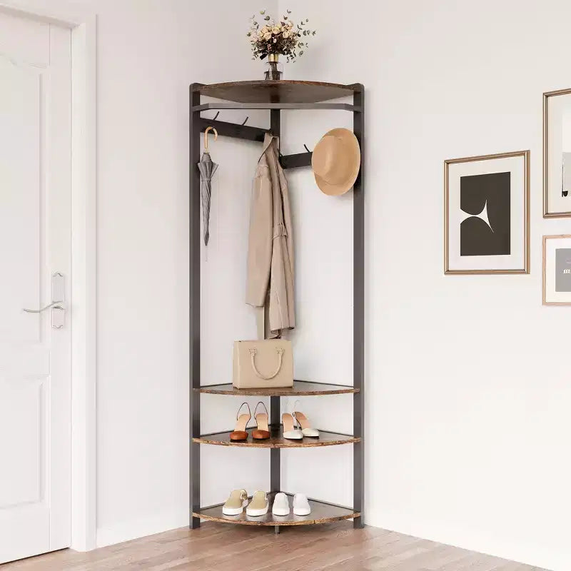 Porte-manteau d'angle avec banc à chaussures pour entrée - Meuble d'entrée avec 6 doubles crochets, porte-vêtements avec rangement, étagère organisatrice pour couloir, placard