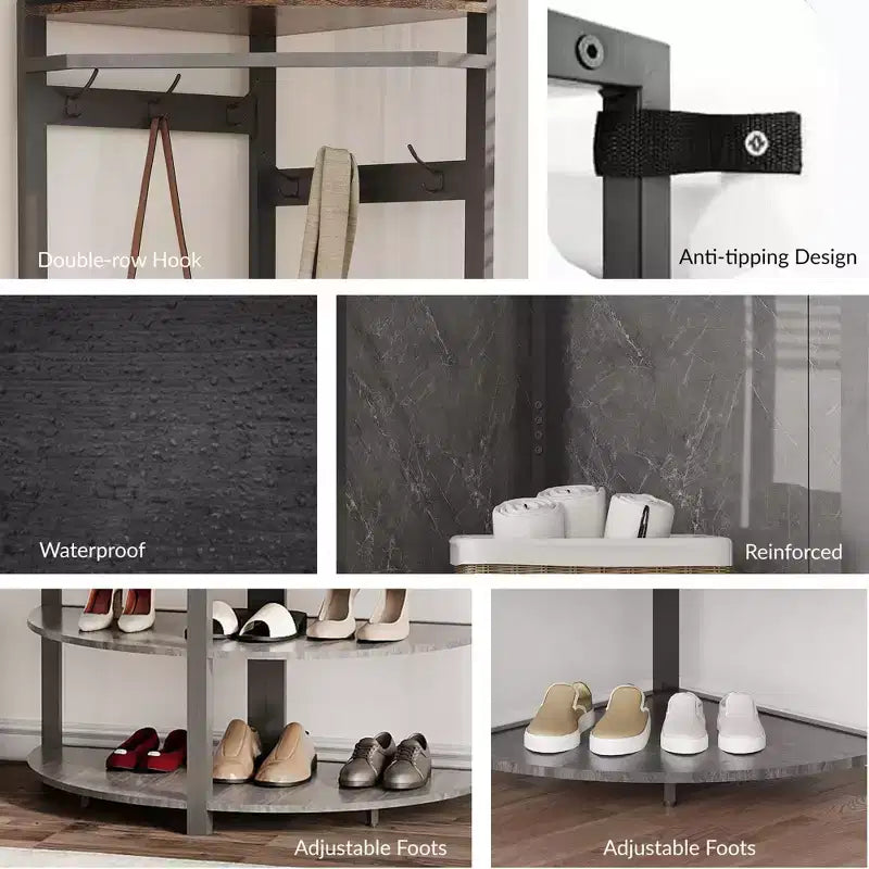 Porte-manteau d'angle avec banc à chaussures pour entrée - Meuble d'entrée avec 6 doubles crochets, porte-vêtements avec rangement, étagère organisatrice pour couloir, placard