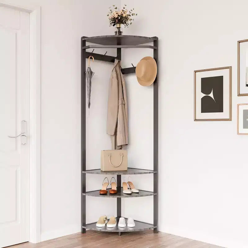 Porte-manteau d'angle avec banc à chaussures pour entrée - Meuble d'entrée avec 6 doubles crochets, porte-vêtements avec rangement, étagère organisatrice pour couloir, placard