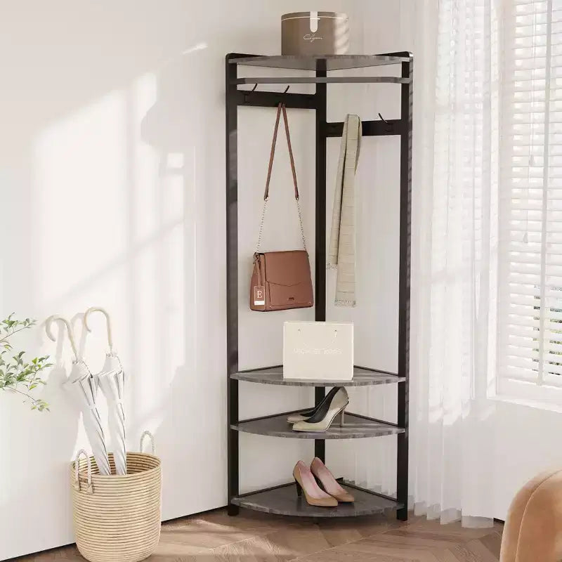 Porte-manteau d'angle avec banc à chaussures pour entrée - Meuble d'entrée avec 6 doubles crochets, porte-vêtements avec rangement, étagère organisatrice pour couloir, placard
