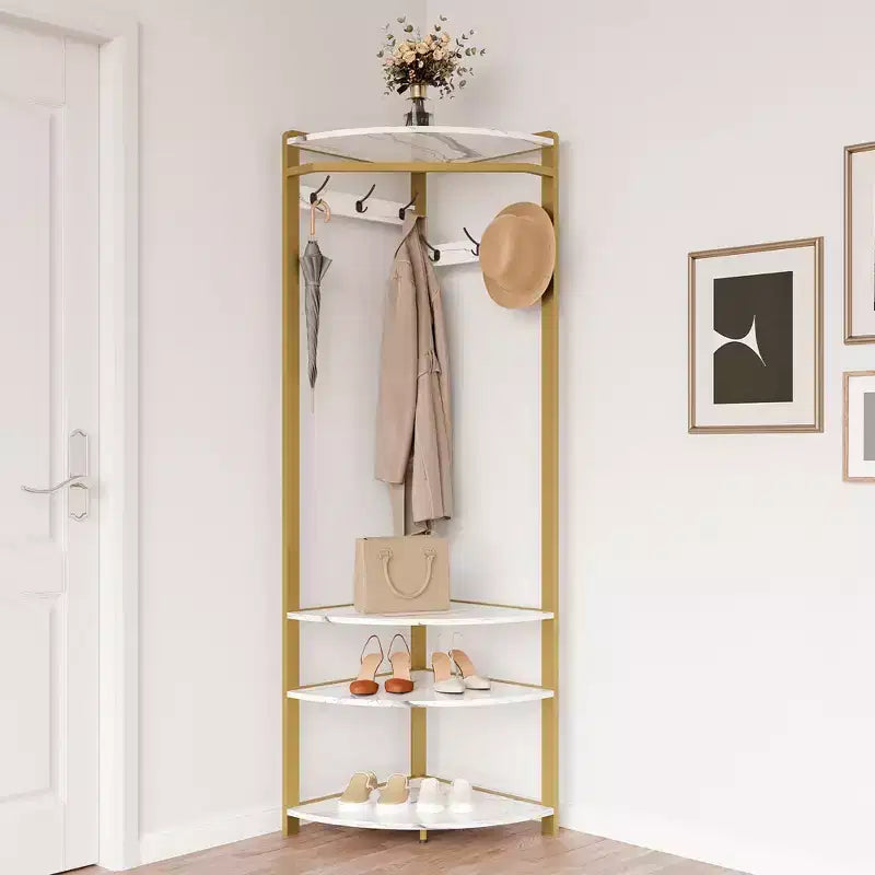 Porte-manteau d'angle avec banc à chaussures pour entrée - Meuble d'entrée avec 6 doubles crochets, porte-vêtements avec rangement, étagère organisatrice pour couloir, placard