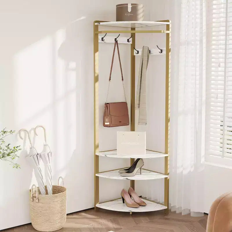 Porte-manteau d'angle avec banc à chaussures pour entrée - Meuble d'entrée avec 6 doubles crochets, porte-vêtements avec rangement, étagère organisatrice pour couloir, placard
