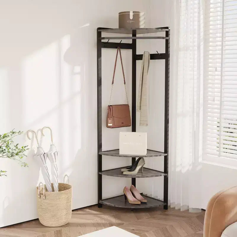 Porte-manteau d'angle avec banc à chaussures pour entrée - Meuble d'entrée avec 6 doubles crochets, porte-vêtements avec rangement, étagère organisatrice pour couloir, placard