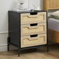Rattan Night Stand, Farmhouse Nightstand Bedside Table w/3 Drawers, Bedside Table w/Metal Legs, Boho End Side Table Accent Table for Bedroom