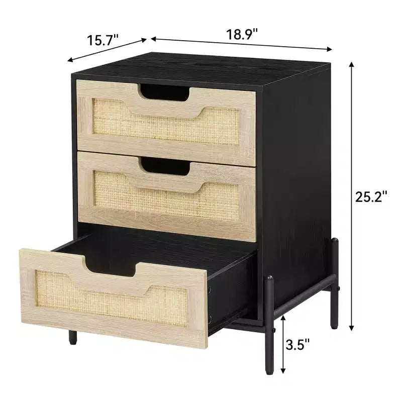 Table de chevet en rotin, table de chevet de ferme avec 3 tiroirs, table de chevet avec pieds en métal, table d'appoint bohème pour chambre à coucher