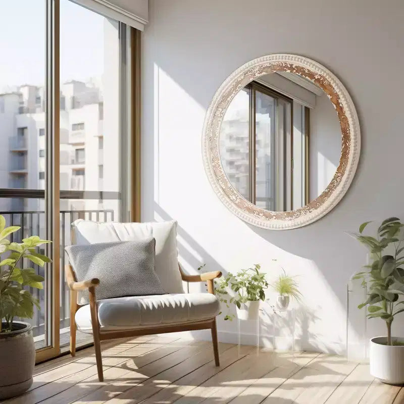 Miroir mural rond en bois bohème avec cadre perlé, miroir suspendu de style ferme de 68,5 cm