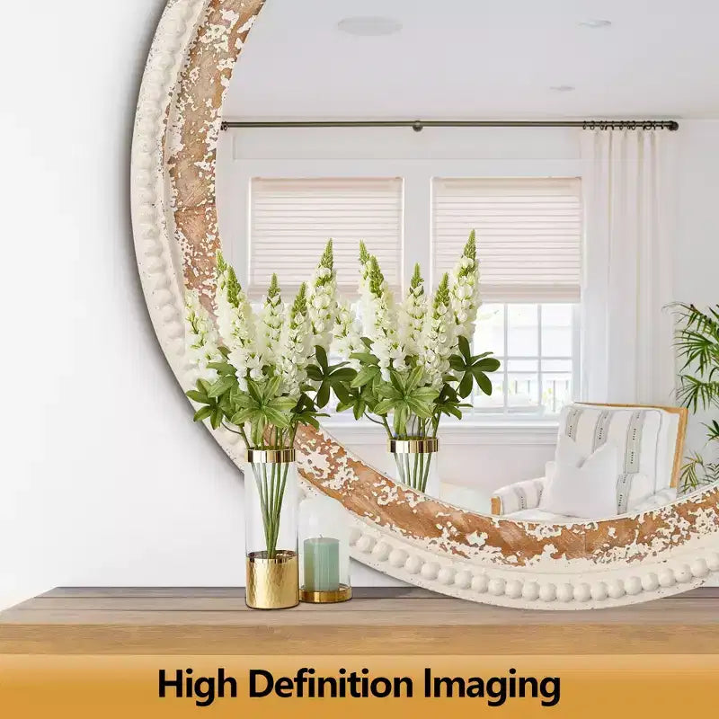Miroir mural rond en bois bohème avec cadre perlé, miroir suspendu de style ferme de 68,5 cm