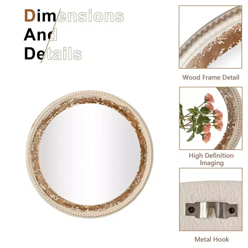 Miroir mural rond en bois bohème avec cadre perlé, miroir suspendu de style ferme de 68,5 cm