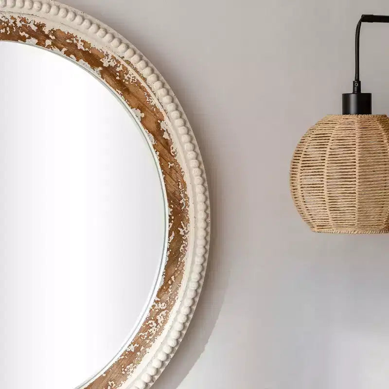 Miroir mural rond en bois bohème avec cadre perlé, miroir suspendu de style ferme de 68,5 cm