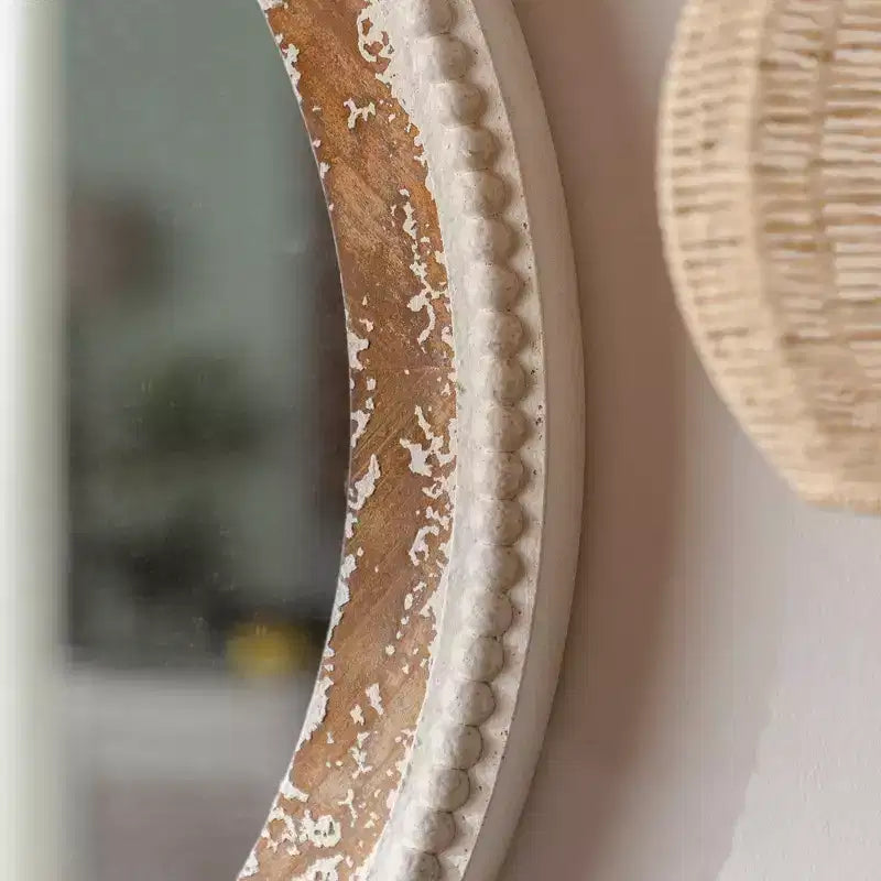 Miroir mural rond en bois bohème avec cadre perlé, miroir suspendu de style ferme de 68,5 cm