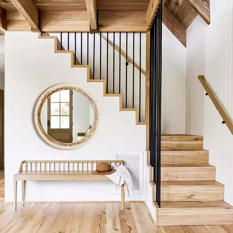 Miroir mural rond en bois bohème avec cadre perlé, miroir suspendu de style ferme de 68,5 cm