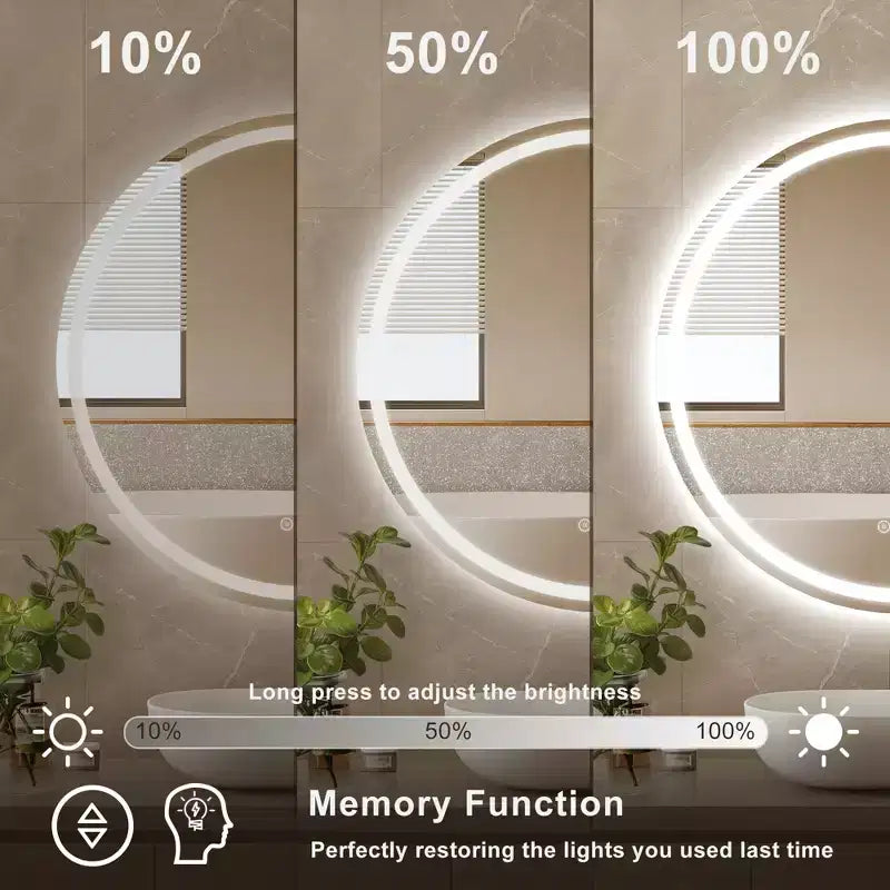 Miroir de salle de bain rond sans cadre à LED, anti-buée, intensité variable, incassable