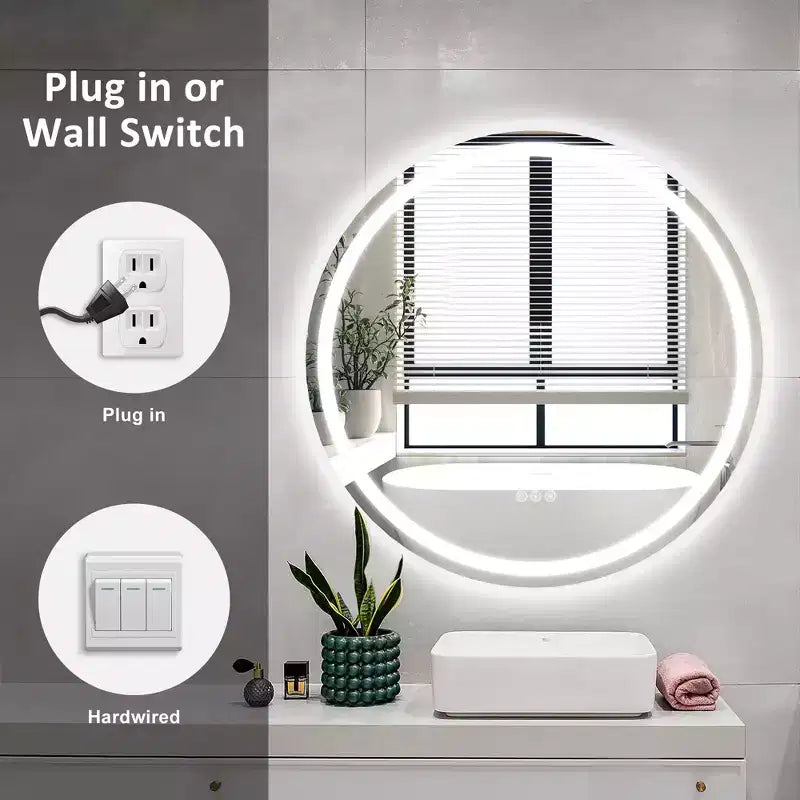 Miroir de salle de bain rond sans cadre à LED, anti-buée, intensité variable, incassable